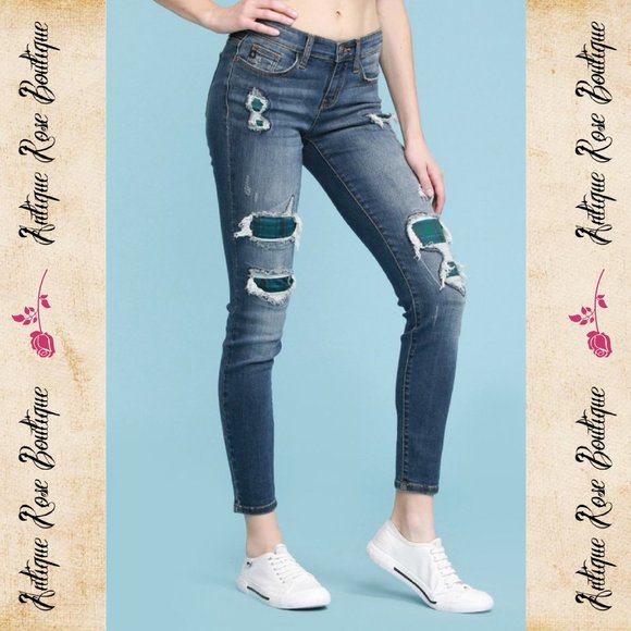 Judy Blue Green/Blue Plaid Patch Skinny Jeans - Picture 3 of 8